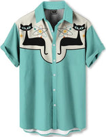 
              DADDYLOCO Retro Cat Print Button-Down Shirt, Mint Green with Atomic Design, Short Sleeve, Regular Fit
            