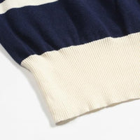 
              OXKNIT Women's Knit Polo Shirts Short Sleeve, 1960s Mod Style Retro Dark Blue Beige Stripes Tops with Quarter Button
            