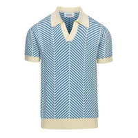 
              OXKNIT Men's Knit Short Sleeve Shirts 1960s Vintage Blue Stripes Knitted Polo Shirt Beige V-Neck Cotton Polo Knitwear
            
