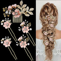 
              5 PCS Bridal Flower Wedding Hair Pins Crystal Pearl Hair Clips Headpiece Gold Wedding Hair Accessories Jewelry with Rhinestone for Brides Bridesmaids Women Girls Updo(Cherry Blossoms Pink)
            