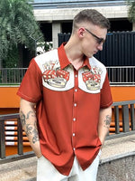 
              DADDYLOCO Retro Casino Bowling Shirt, Dice and Cards Print, Short Sleeve Button Down, Rust Orange
            