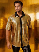 
              EFOWAY Men Sequin 70s Disco Shirt, Metallic Short Sleeve Button Down Shirts
            