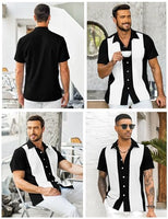 
              YTD Men's Vintage Bowling Shirt Short Sleeve Button Down Summer Cuba Beach Shirts Black White
            