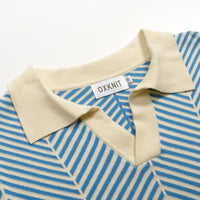 
              OXKNIT Men's Knit Short Sleeve Shirts 1960s Vintage Blue Stripes Knitted Polo Shirt Beige V-Neck Cotton Polo Knitwear
            