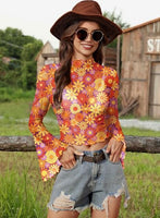 
              Women's Halloween Bell Sleeve Hippie 60s 70s Mock Neck Shirt Boho Party Retro Crop Top Renaissance S
            