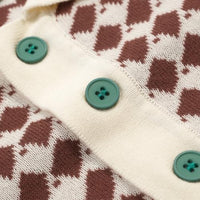 
              OXKNIT Men's Knit Short Sleeve Shirt 1960s Retro Brown Pattern Knitted Polo Shirt Beige Cotton Polo with Quarter Button
            