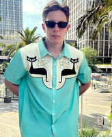 
              DADDYLOCO Retro Cat Print Button-Down Shirt, Mint Green with Atomic Design, Short Sleeve, Regular Fit
            