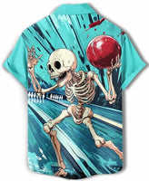 
              DADDYLOCO Men's Hawaiian Shirt, Skeleton Bowling Print, Short Sleeve Button Down, Light Blue, Polyester, Regular Fit
            