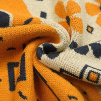 
              OXKNIT Women's Knit Polo Shirts 1960s Vintage Cat Jacquard Casual V-Neck Top with Puff Sleeves Orange
            