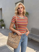 
              WDIRARA Women's Colorful Striped Short Sleeve Tee Y2k Ribbed Knit Crop Top
            