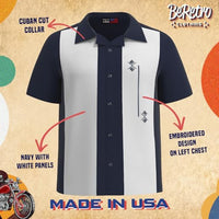 
              USA Made Lucky Paradise Mens Camp Shirt, Gauyabera Vintage Cuban Style Bowling Shirt Navy, White Button Up Retro Blue Ice
            