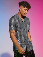 
              WDIRARA Men's 70s Sparkly Disco Top Crocodile Pattern Metallic Rave Shirt
            