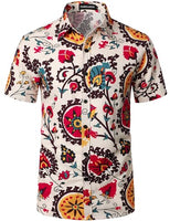 
              PARKLEES Men's Linen 70s Hippie Style Floral Print Shirt Short Sleeve Button Down Hawaiian Shirts Beige White Large
            