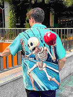 
              DADDYLOCO Men's Hawaiian Shirt, Skeleton Bowling Print, Short Sleeve Button Down, Light Blue, Polyester, Regular Fit
            