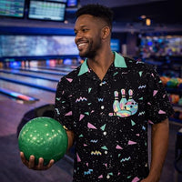 
              Retro Neon Bowling Hawaiian Shirt for Men 80s Style Strike Bowling Ball Shirt Tropical Aloha Button Down Summer Party Shirt
            