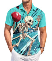 
              DADDYLOCO Men's Hawaiian Shirt, Skeleton Bowling Print, Short Sleeve Button Down, Light Blue, Polyester, Regular Fit
            