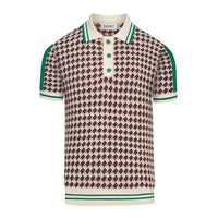 
              OXKNIT Men's Knit Short Sleeve Shirt 1960s Retro Brown Pattern Knitted Polo Shirt Beige Cotton Polo with Quarter Button
            