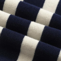 
              OXKNIT Women's Knit Polo Shirts Short Sleeve, 1960s Mod Style Retro Dark Blue Beige Stripes Tops with Quarter Button
            
