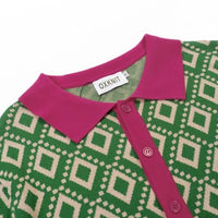 
              OXKNIT Men's Knit Short Sleeve Shirts Button Down 1960s Vintage Diamond Pattern Knitted Polo Shirt Green Cotton Polo
            