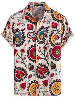 
              PARKLEES Men's Linen 70s Hippie Style Floral Print Shirt Short Sleeve Button Down Hawaiian Shirts Beige White Large
            