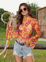 
              Women's Halloween Bell Sleeve Hippie 60s 70s Mock Neck Shirt Boho Party Retro Crop Top Renaissance S
            