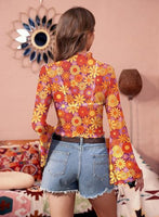 
              Women's Halloween Bell Sleeve Hippie 60s 70s Mock Neck Shirt Boho Party Retro Crop Top Renaissance S
            