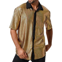
              EFOWAY Men Sequin 70s Disco Shirt, Metallic Short Sleeve Button Down Shirts
            