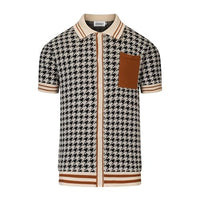 
              OXKNIT Button Down Knit Polo Shirts for Men, 1960s Retro Beige and Black Pattern Short-Sleeve Cardigan Tops with Pocket
            
