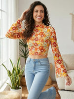 
              70s Women's Y2k Floral Bell Sleeve Crop Tops Disco Floral Hippie Shirt Top
            