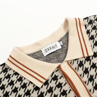 
              OXKNIT Button Down Knit Polo Shirts for Men, 1960s Retro Beige and Black Pattern Short-Sleeve Cardigan Tops with Pocket
            