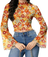 
              70s Women's Y2k Floral Bell Sleeve Crop Tops Disco Floral Hippie Shirt Top
            