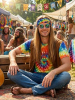 
              Treature Hippie Costume for Men 60s 70s - Tie Dye Shirt with Fringe Vest & Wig Set, Retro Outfit Complete with Headband for Carnival (7pcs Set, XL)
            