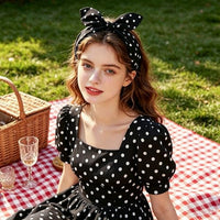 
              BYNYTO Black Polka Dot Bow Headbands for Women and Girls, Non-Slip Cute Bandana Hairband, Flexible Bunny Ear Wide Knotted Hair Hoop, Halloween Costume Retro 50s Hair Accessories
            