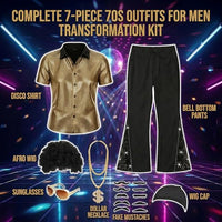 
              YIGMAW 70s Outfits for Men Disco Costume 7 Pcs - Mens 70s Outfit with Short Sleeve Shirt Bell Bottom Pants for 1970s Halloween Party (Gold, S)
            