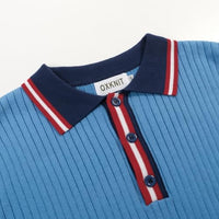 
              OXKNIT Men's Knit Short Sleeve Shirts 1960s Retro Stripes Knitted Polo Shirt Blue Cotton Polo Shirt with Quarter Button
            