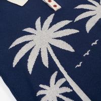 
              OXKNIT Men's Knit Short Sleeve Shirts Retro Knitted Polo Shirt Coconut Tree Pattern Dark Blue Polo with Quarter Button
            