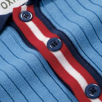 
              OXKNIT Men's Knit Short Sleeve Shirts 1960s Retro Stripes Knitted Polo Shirt Blue Cotton Polo Shirt with Quarter Button
            