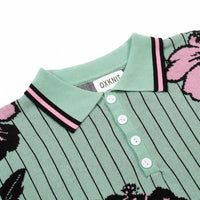 
              OXKNIT Men's Knit Short Sleeve Shirts Retro Pink Floral Pattern and Stripes Green Cotton Polo Shirt with Quarter Button
            