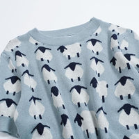 
              OXKNIT Women's Knitted T-Shirt Short Sleeve, 1960s Mod Style Sheep Pattern Crewneck Tops Light Blue - Cropped Length
            