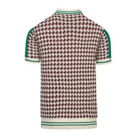 
              OXKNIT Men's Knit Short Sleeve Shirt 1960s Retro Brown Pattern Knitted Polo Shirt Beige Cotton Polo with Quarter Button
            