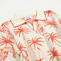 
              OXKNIT Men's Knit Polo Shirts, Retro Tiger Coconut Trees Pattern Short Sleeves Casual V-Neck Short Shirts, White
            