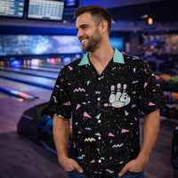 
              Retro Neon Bowling Hawaiian Shirt for Men 80s Style Strike Bowling Ball Shirt Tropical Aloha Button Down Summer Party Shirt
            