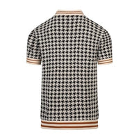 
              OXKNIT Button Down Knit Polo Shirts for Men, 1960s Retro Beige and Black Pattern Short-Sleeve Cardigan Tops with Pocket
            