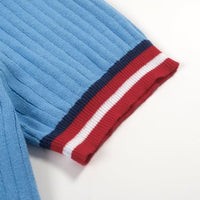 
              OXKNIT Men's Knit Short Sleeve Shirts 1960s Retro Stripes Knitted Polo Shirt Blue Cotton Polo Shirt with Quarter Button
            