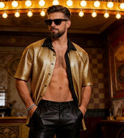 
              EFOWAY Men Sequin 70s Disco Shirt, Metallic Short Sleeve Button Down Shirts
            