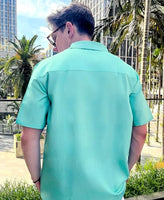 
              DADDYLOCO Retro Cat Print Button-Down Shirt, Mint Green with Atomic Design, Short Sleeve, Regular Fit
            