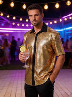 
              EFOWAY Men Sequin 70s Disco Shirt, Metallic Short Sleeve Button Down Shirts
            