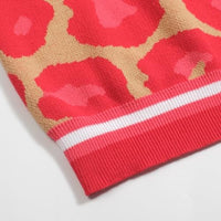 
              OXKNIT Women's Knit Polo Shirts Short Sleeve, 1960s Retro Leopard Print Red V-Neck Pull-on Tops with Quarter Zipper
            