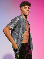 
              WDIRARA Men's 70s Sparkly Disco Top Crocodile Pattern Metallic Rave Shirt
            