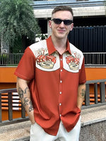 
              DADDYLOCO Retro Casino Bowling Shirt, Dice and Cards Print, Short Sleeve Button Down, Rust Orange
            
